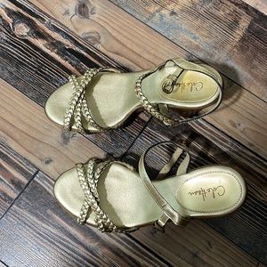 Cole Haan high heel wedge gold braided leather